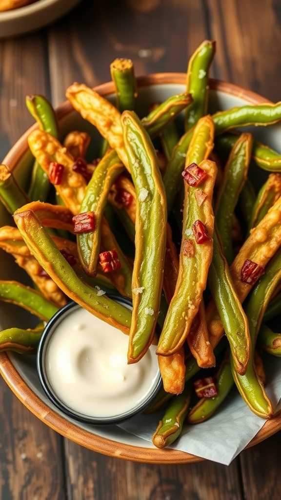 A serving of crispy green beans, golden and crunchy, with a bowl of sauce.